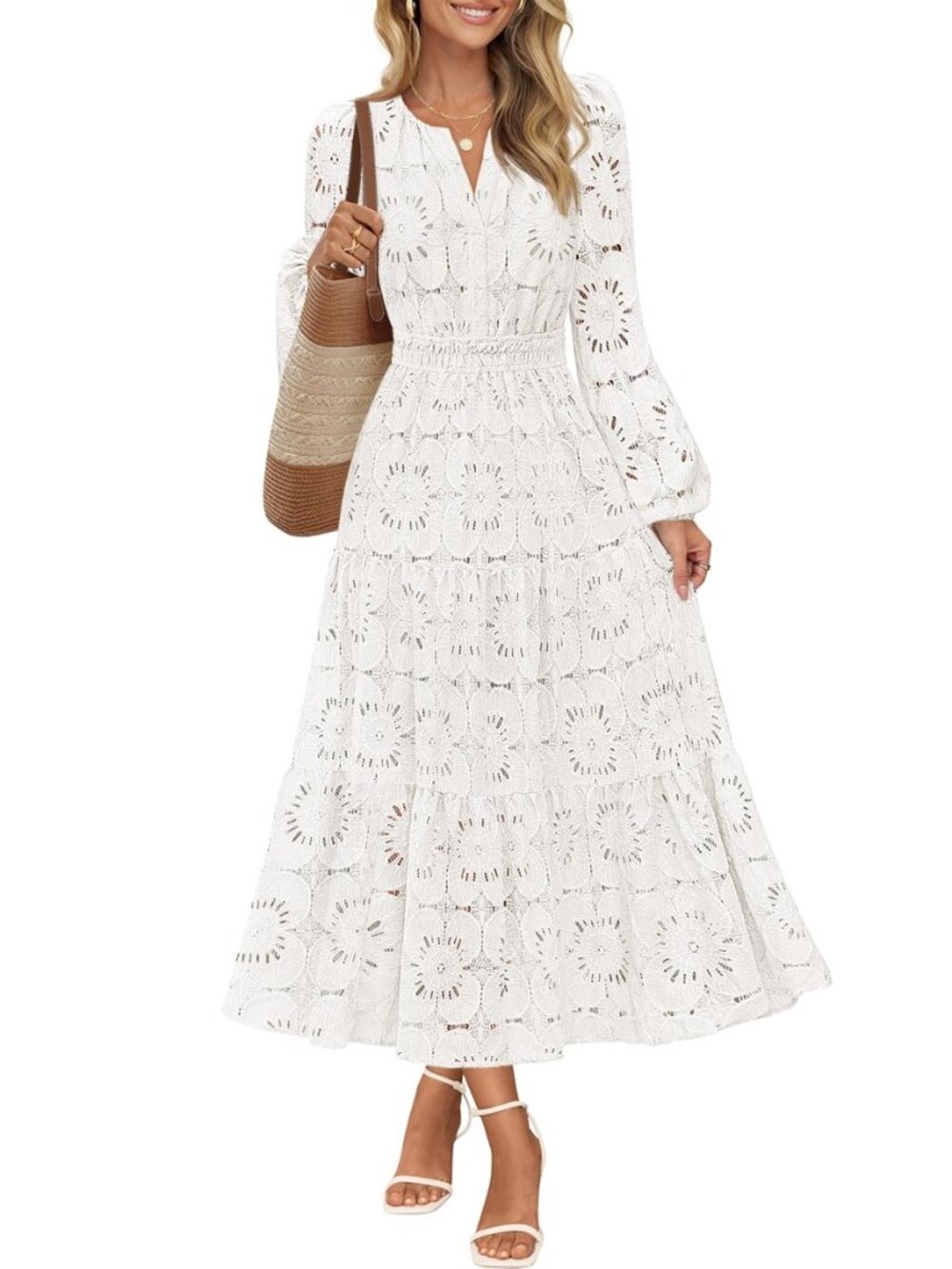 Women's Fall Long Sleeve Eyelet Lace Floral Maxi Dress